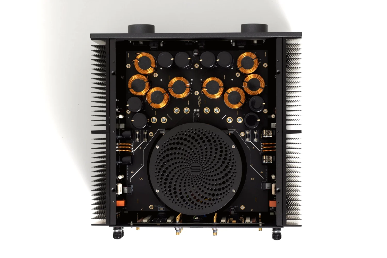 Front panel detail of a Staccato Audio amplifier